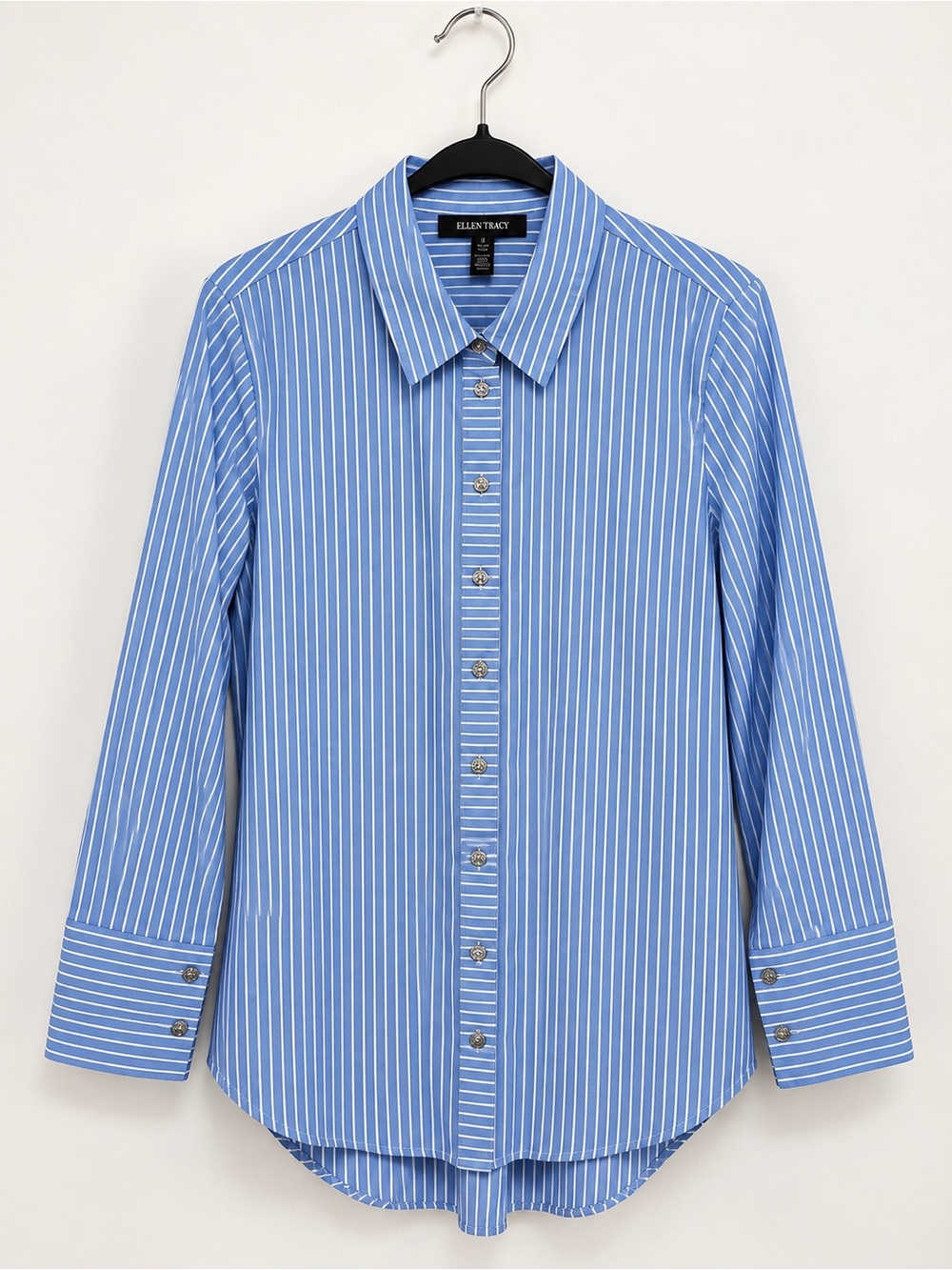 Ellen Tracy Blue white Stripe Button-Down Shirt- jeweled buttons size M